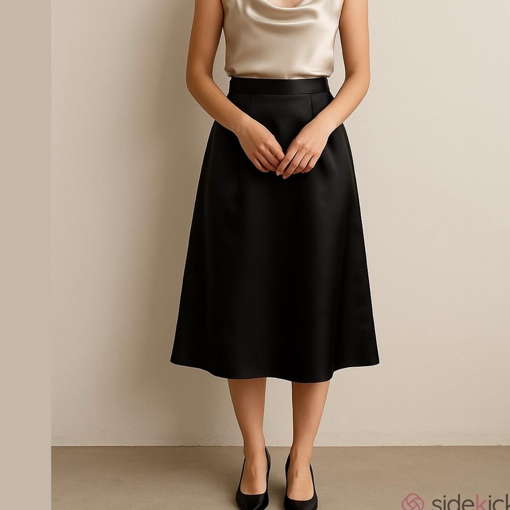 H&M satin Black Knee-Length A-Line pencil Skirt structured darts back zip sz 12